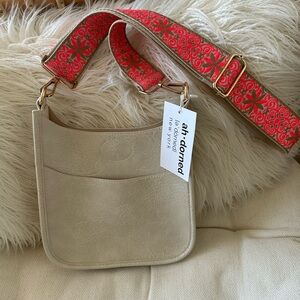 ahdorned Cream Crossbody Bag with Embroidered Strap